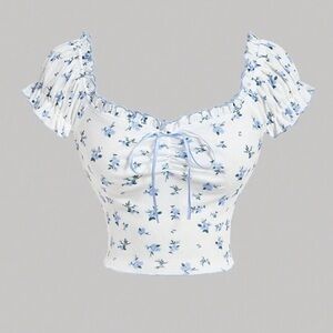 🌻3/$40🌻 Blue Floral Ruffle Off Shoulders Girly Cropped Top Size S NWT